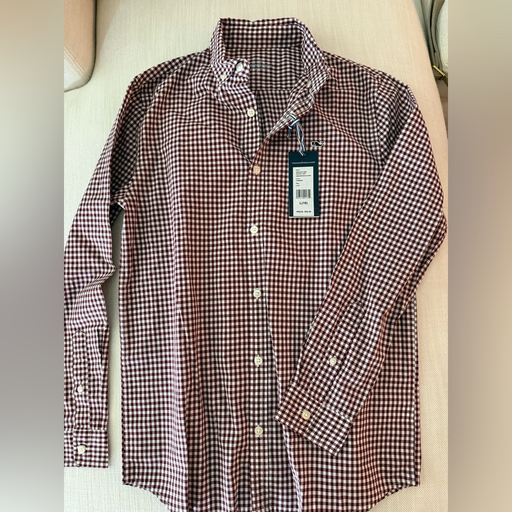 Vineyard Vines Burgundy and White Gingham Button-Down Shirt